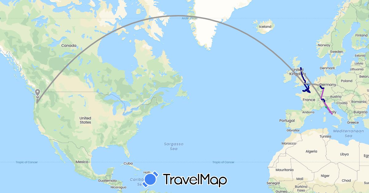 TravelMap itinerary: driving, bus, plane, train, hiking, boat in Switzerland, Germany, France, United Kingdom, Italy, United States (Europe, North America)